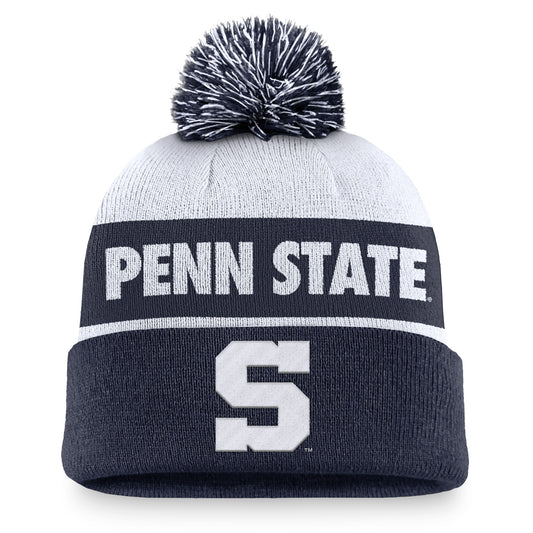 Men's Nike White/Navy Penn State Nittany Lions Primetime Peak Cuffed Knit Hat with Pom