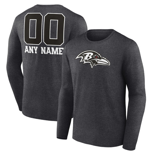 Men's Charcoal Baltimore Ravens Monochrome Personalized Name & Number Long Sleeve T-Shirt