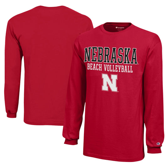 Youth Champion Scarlet Nebraska Huskers Beach Volleyball Stacked Jersey Long Sleeve T-Shirt