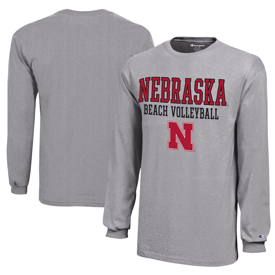 Youth Champion Gray Nebraska Huskers Beach Volleyball Stacked Jersey Long Sleeve T-Shirt