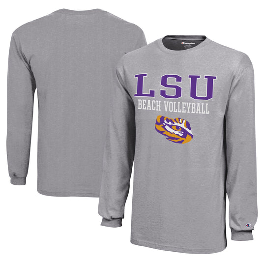 Youth Champion Gray LSU Tigers Beach Volleyball Stacked Jersey Long Sleeve T-Shirt