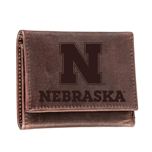 Brown Nebraska Huskers Leather Tri-Fold Wallet