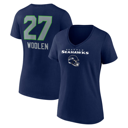 Women's Tariq Woolen College Navy Seattle Seahawks Team Wordmark Player Name & Number V-Neck T-Shirt