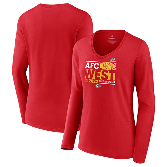 Women's Fanatics  Red Kansas City Chiefs 2023 AFC West Division Champions Conquer Long Sleeve V-Neck T-Shirt