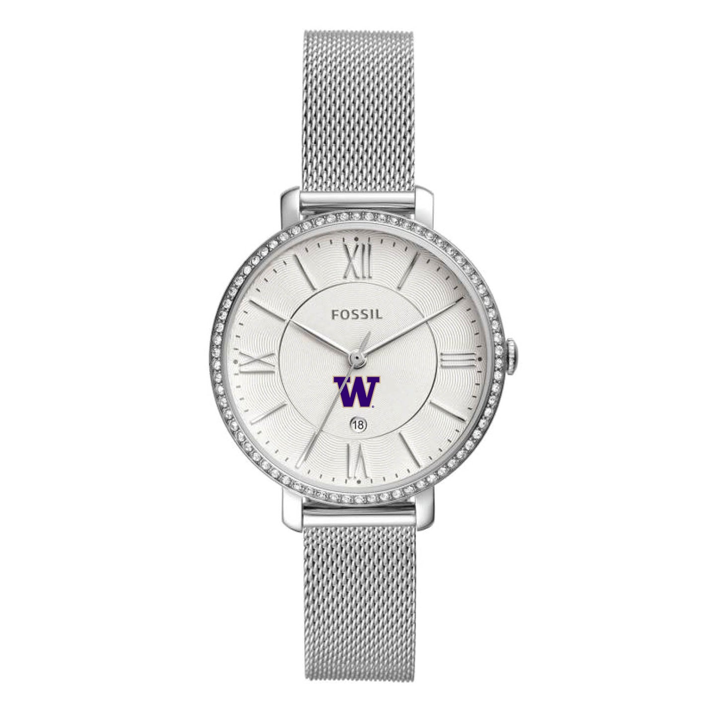 Women's Fossil Silver Washington Huskies Jacqueline Stainless Steel Mesh Watch