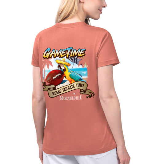 Women's Margaritaville Coral Tampa Bay Buccaneers Game Time V-Neck T-Shirt