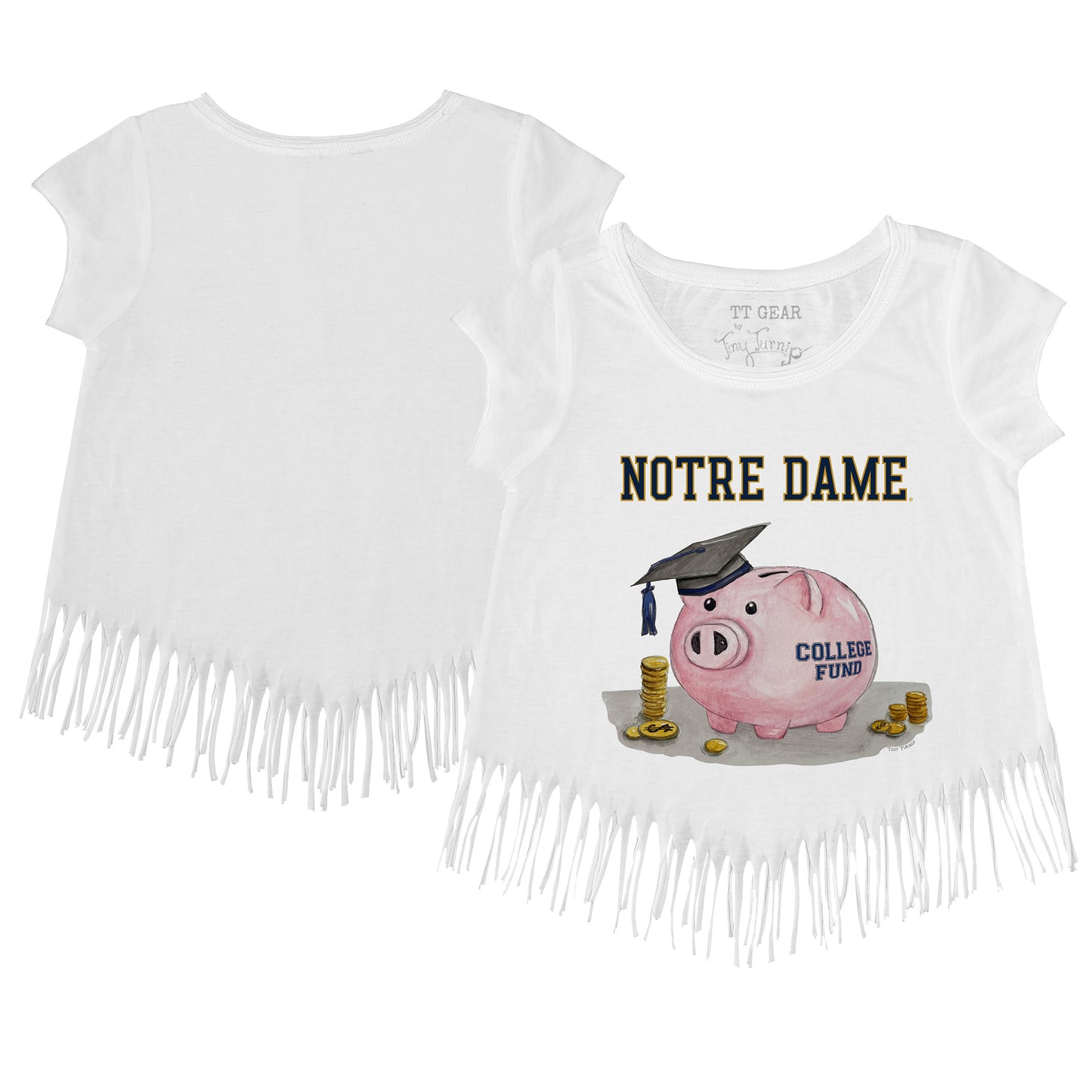 Toddler Tiny Turnip  White Notre Dame Fighting Irish Piggy Bank Fringe T-Shirt