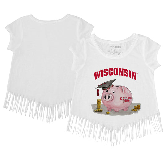 Toddler Tiny Turnip  White Wisconsin Badgers Piggy Bank Fringe T-Shirt