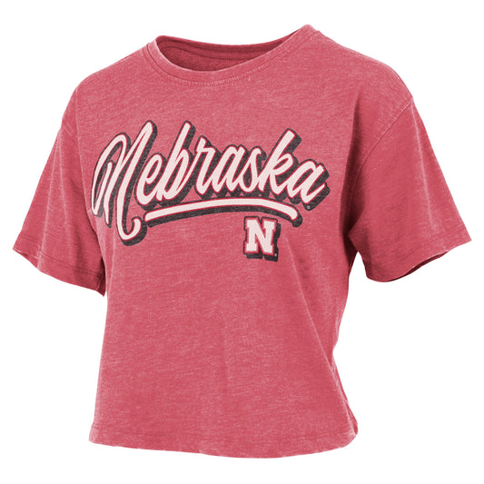 Women's Pressbox Scarlet Nebraska Huskers Team Script Harlow Vintage Waist Length T-Shirt