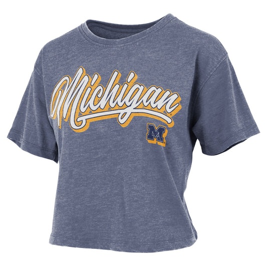 Women's Pressbox Navy Michigan Wolverines Team Script Harlow Vintage Waist Length T-Shirt