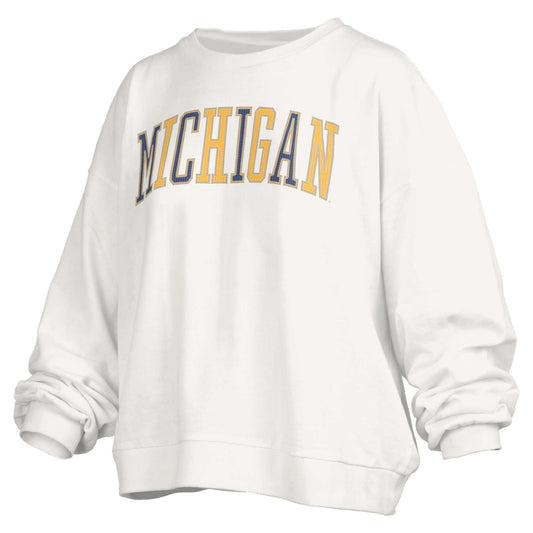 Women's Pressbox White Michigan Wolverines Janise Waist Length Oversized Pullover Sweatshirt