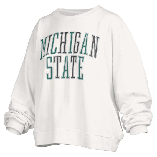 Women's Pressbox White Michigan State Spartans Janise Waist Length Oversized Pullover Sweatshirt