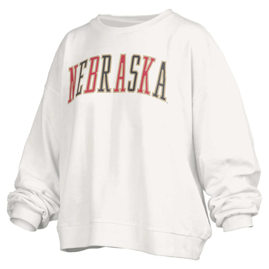 Women's Pressbox White Nebraska Huskers Janise Waist Length Oversized Pullover Sweatshirt