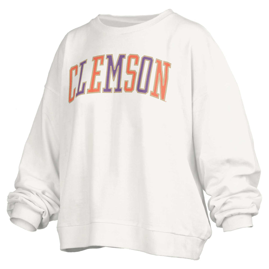 Women's Pressbox White Clemson Tigers Janise Waist Length Oversized Pullover Sweatshirt