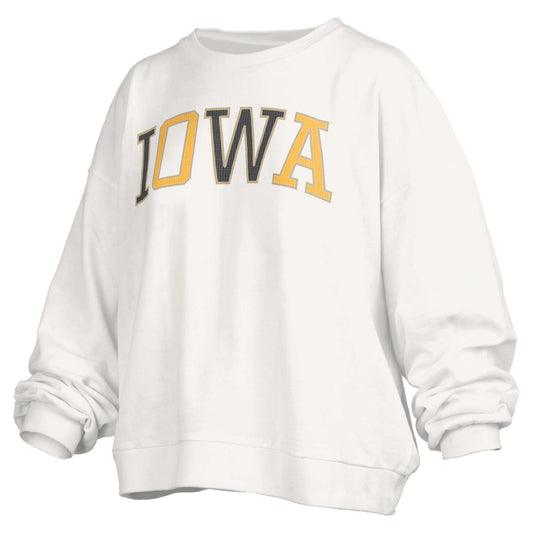 Women's Pressbox White Iowa Hawkeyes Janise Waist Length Oversized Pullover Sweatshirt