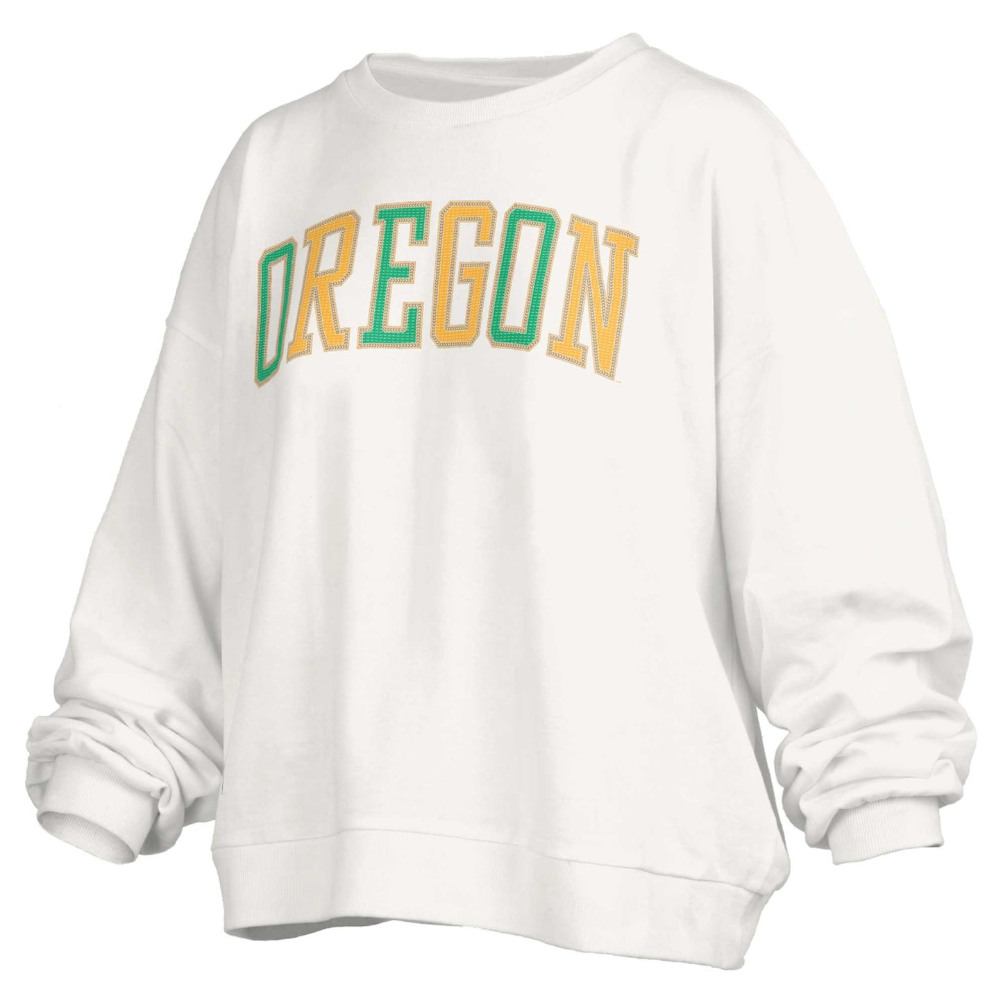 Women's Pressbox White Oregon Ducks Janise Waist Length Oversized Pullover Sweatshirt