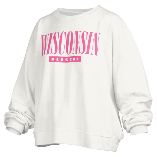 Women's Pressbox White Wisconsin Badgers Sutton Janise Waist Length Oversized Pullover Sweatshirt