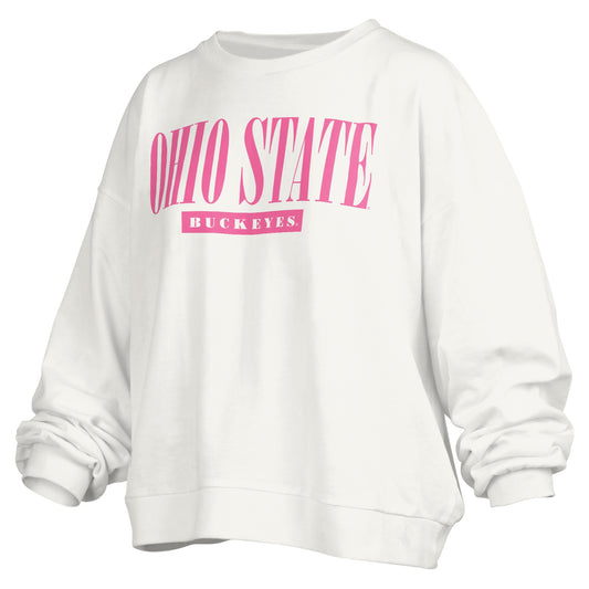 Women's Pressbox White Ohio State Buckeyes Sutton Janise Waist Length Oversized Pullover Sweatshirt