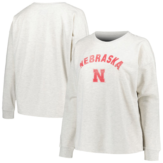 Women's Profile Oatmeal Nebraska Huskers Plus Size Distressed Arch Over Logo Neutral Boxy Pullover Sweatshirt