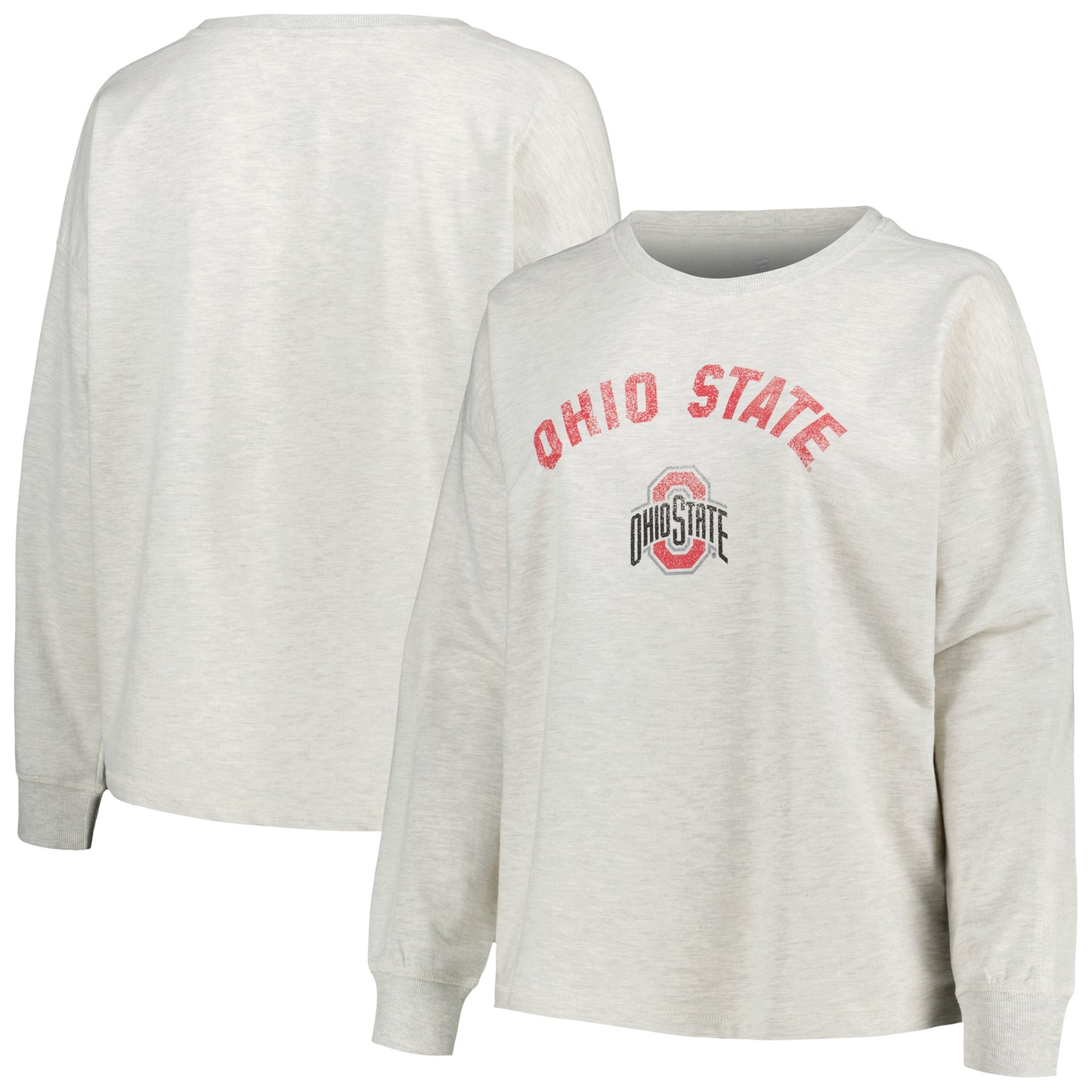 Women's Profile Oatmeal Ohio State Buckeyes Plus Size Distressed Arch Over Logo Neutral Boxy Pullover Sweatshirt