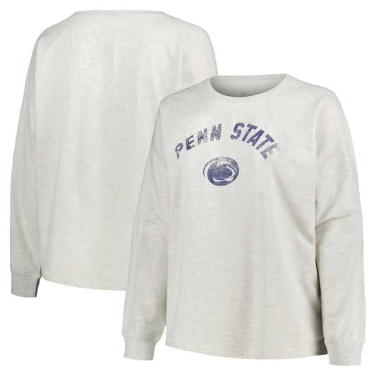 Women's Profile Oatmeal Penn State Nittany Lions Plus Size Distressed Arch Over Logo Neutral Boxy Pullover Sweatshirt