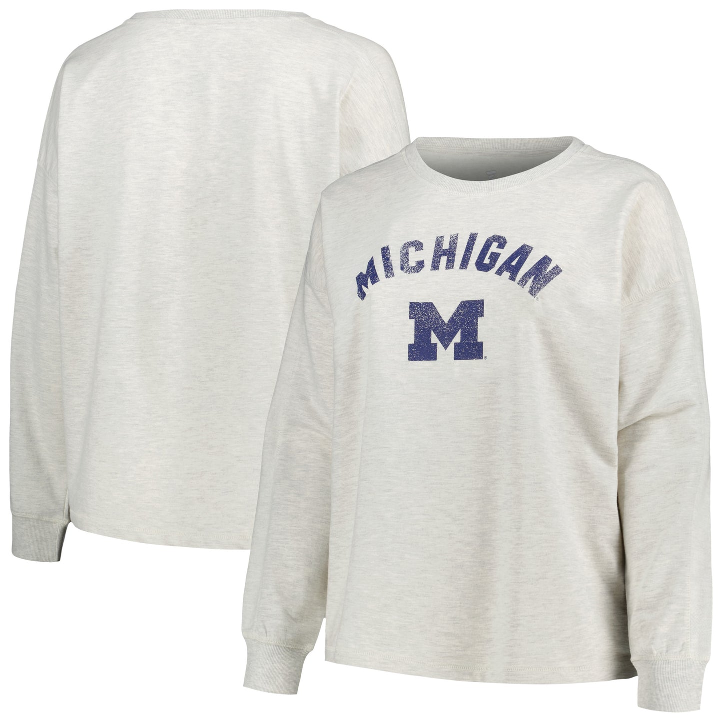 Women's Profile Oatmeal Michigan Wolverines Plus Size Distressed Arch Over Logo Neutral Boxy Pullover Sweatshirt