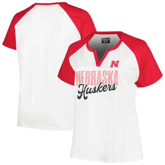 Women's Profile White/Scarlet Nebraska Huskers Plus Size Best Squad Shimmer Raglan Notch Neck T-Shirt