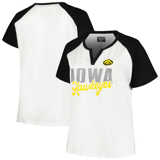 Women's Profile White/Black Iowa Hawkeyes Plus Size Best Squad Shimmer Raglan Notch Neck T-Shirt