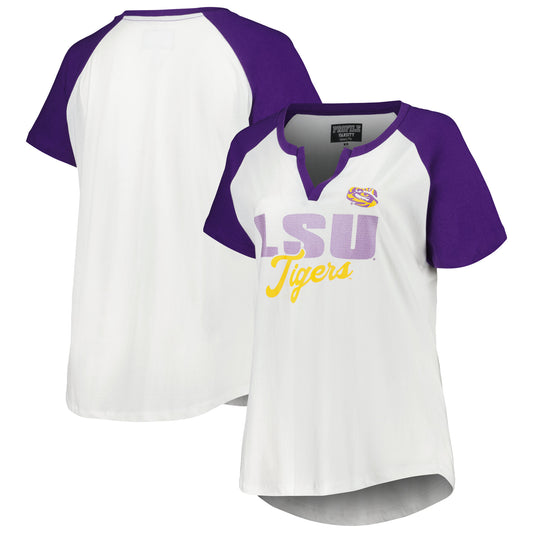 Women's Profile White/Purple LSU Tigers Plus Size Best Squad Shimmer Raglan Notch Neck T-Shirt