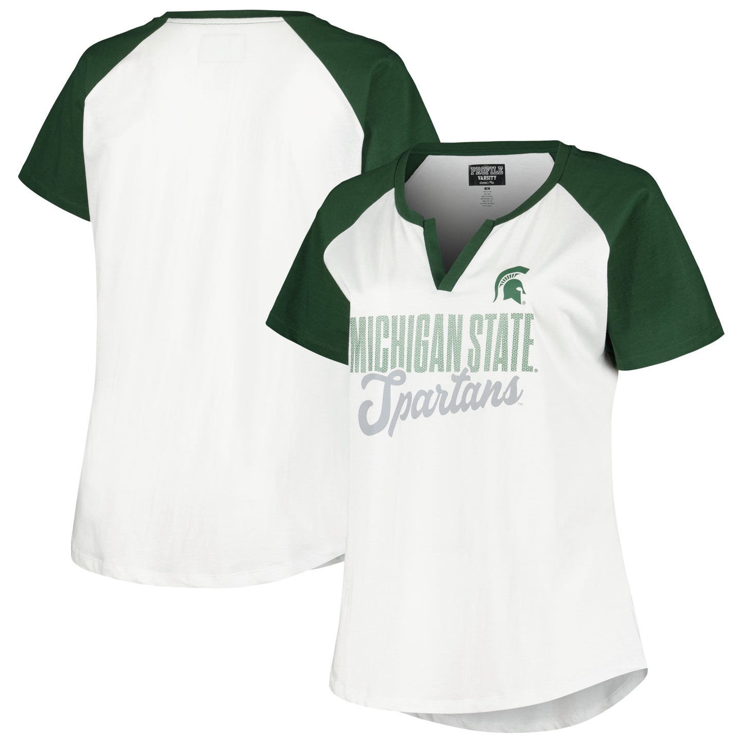 Women's Profile White/Green Michigan State Spartans Plus Size Best Squad Shimmer Raglan Notch Neck T-Shirt