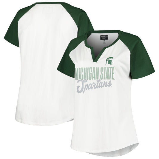 Women's Profile White/Green Michigan State Spartans Plus Size Best Squad Shimmer Raglan Notch Neck T-Shirt