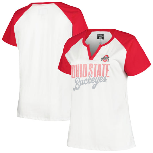 Women's Profile White/Scarlet Ohio State Buckeyes Plus Size Best Squad Shimmer Raglan Notch Neck T-Shirt