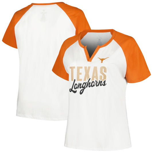 Women's Profile White/Texas Orange Texas Longhorns Plus Size Best Squad Shimmer Raglan Notch Neck T-Shirt