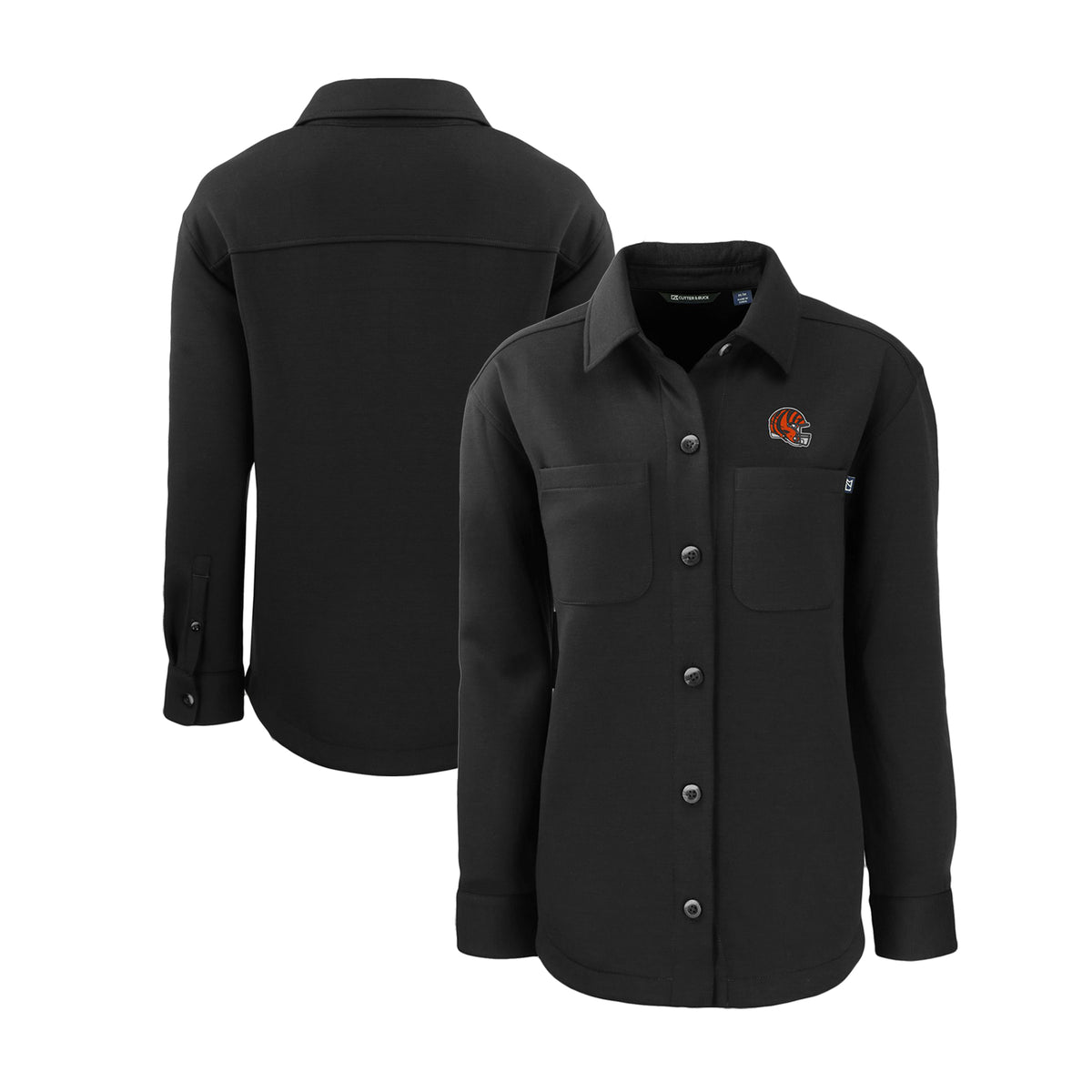 Women's Cutter & Buck Black Cincinnati Bengals Helmet Logo Roam Eco Knit Shirt Jacket