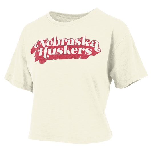 Women's Pressbox White Nebraska Huskers Vintage Easy Team Name Waist-Length T-Shirt