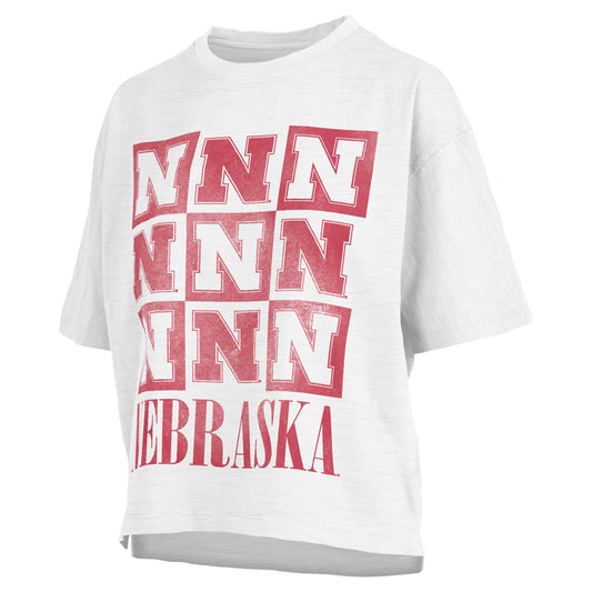 Women's Pressbox White Nebraska Huskers Motley Crew Andy Waist Length Oversized T-Shirt