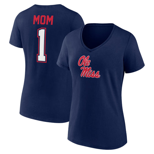 Women's Navy Ole Miss Rebels Mother's Day #1 Mom V-Neck T-Shirt