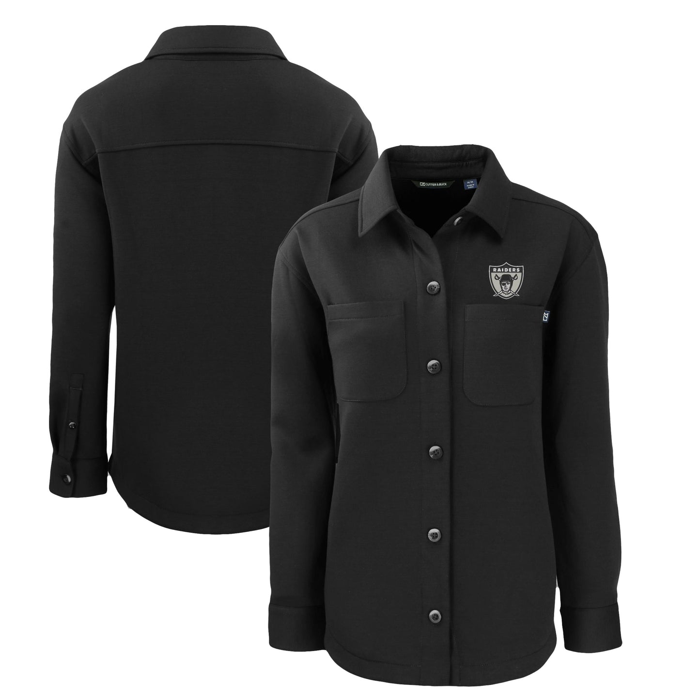 Women's Cutter & Buck  Black Las Vegas Raiders Throwback Logo Roam Eco Knit Full-Snap Shacket
