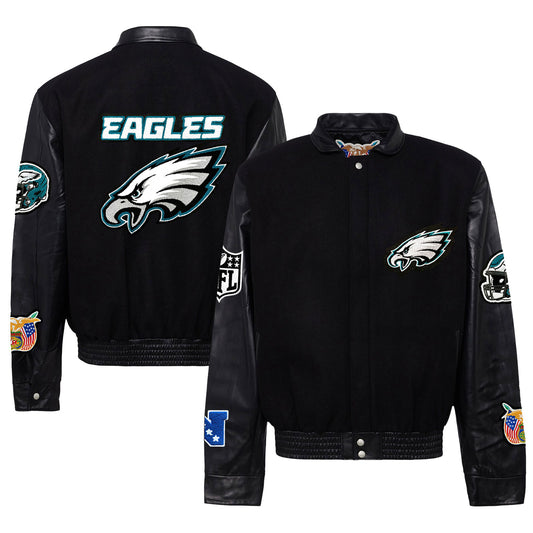 Men's Jeff Hamilton  Black Philadelphia Eagles Wool & Leather Full-Snap Varsity Jacket