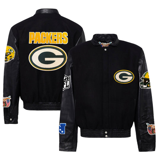 Men's Jeff Hamilton  Black Green Bay Packers Wool & Leather Full-Snap Varsity Jacket