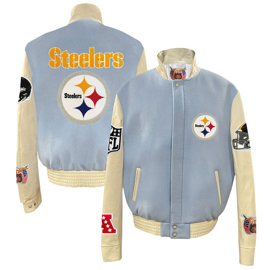 Men's Jeff Hamilton  Light Blue Pittsburgh Steelers Wool & Leather Full-Snap Varsity Jacket