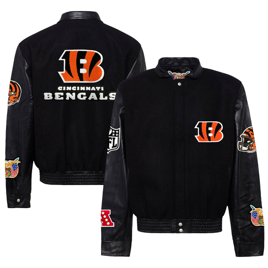 Men's Jeff Hamilton  Black Cincinnati Bengals Wool & Leather Full-Snap Varsity Jacket