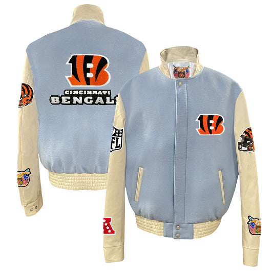 Men's Jeff Hamilton  Light Blue Cincinnati Bengals Wool & Leather Full-Snap Varsity Jacket