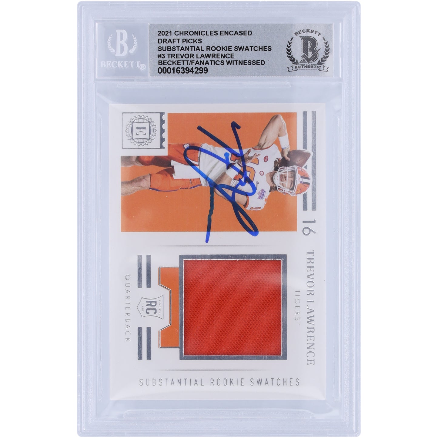 Trevor Lawrence Clemson Tigers Autographed 2021 Panini Chronicles Encased Draft Picks Substantial Rookie Swatches Relic #ESR-TL Beckett Fanatics Witnessed Authenticated 10 Rookie Card