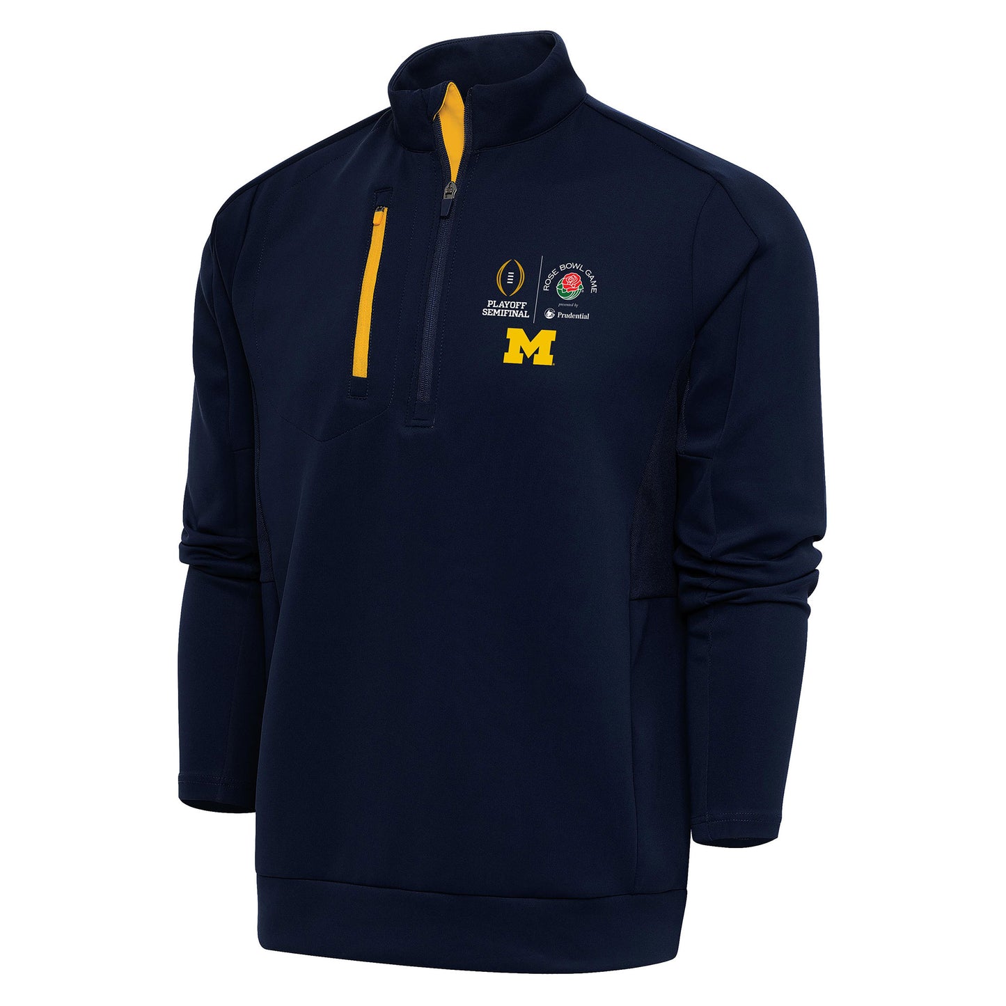 Men's Antigua NavyMaize Michigan Wolverines College Football Playoff 2024 Rose Bowl Generation Quarter-Zip Pullover Top