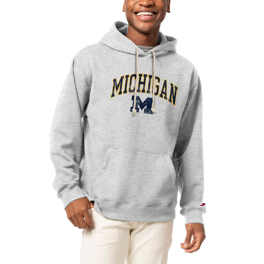 Men's League Collegiate Wear  Heather Gray Michigan Wolverines Arch Over Logo Essentials Pullover Hoodie