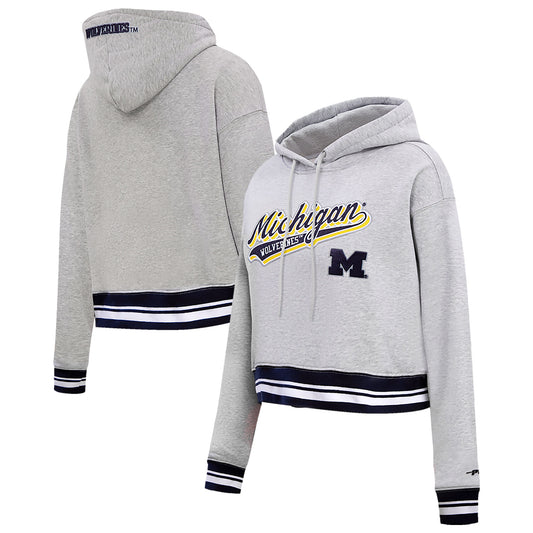 Women's Pro Standard Heather Gray Michigan Wolverines Script Tail Fleece Cropped Pullover Hoodie