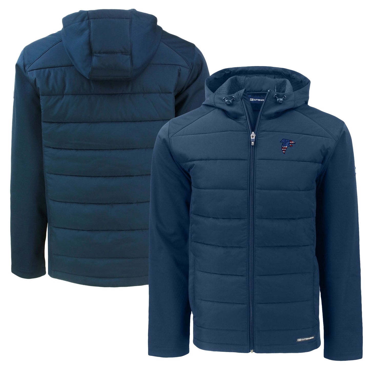 Men's Cutter & Buck Navy Atlanta Falcons  Americana Evoke Hybrid Eco Softshell Recycled Full-Zip Hooded Jacket