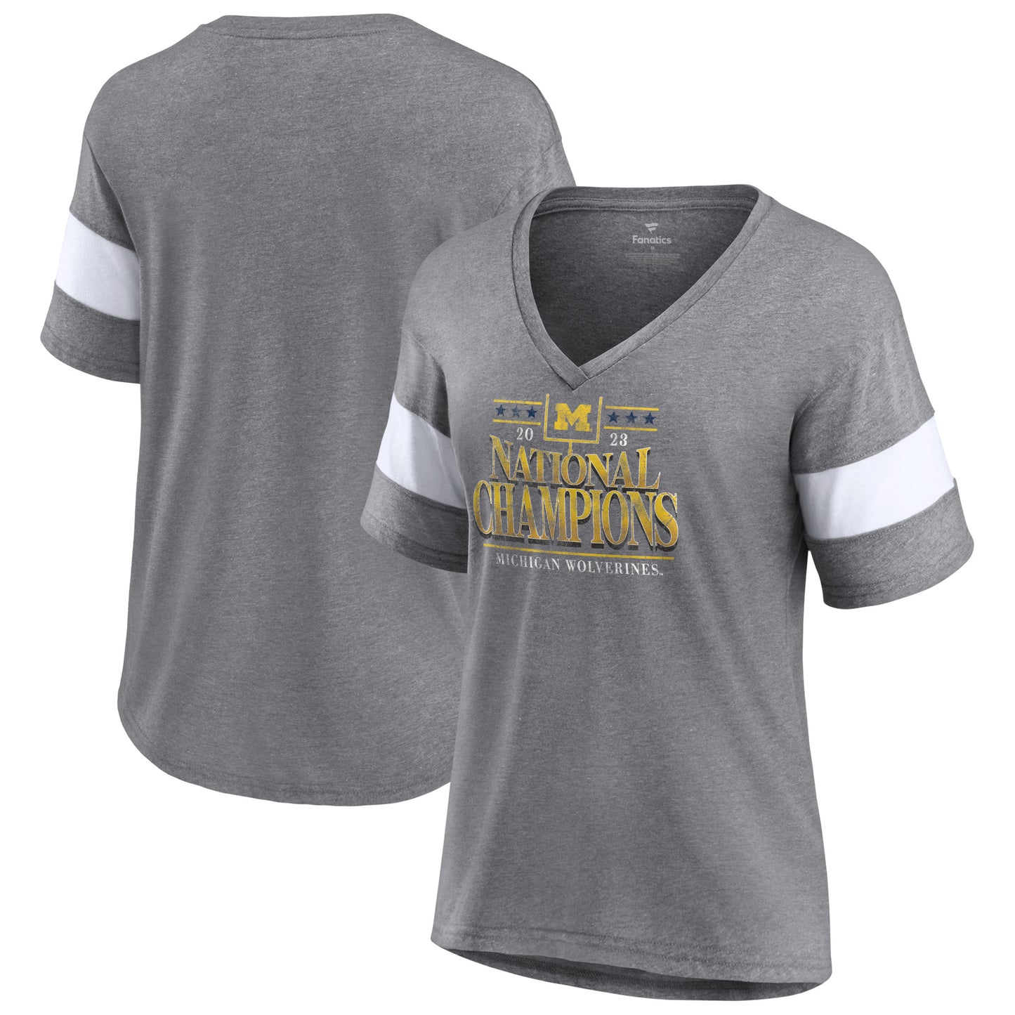Women's Fanatics  Heather Gray Michigan Wolverines College Football Playoff 2023 National Champions Outstanding Achievement Retro Tri-Blend V-Neck T-Shirt