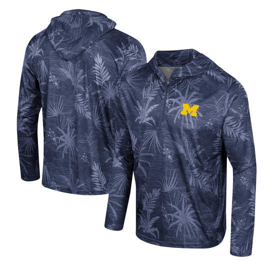 Men's Colosseum Navy Michigan Wolverines Palms Printed Lightweight Quarter-Zip Hooded Top